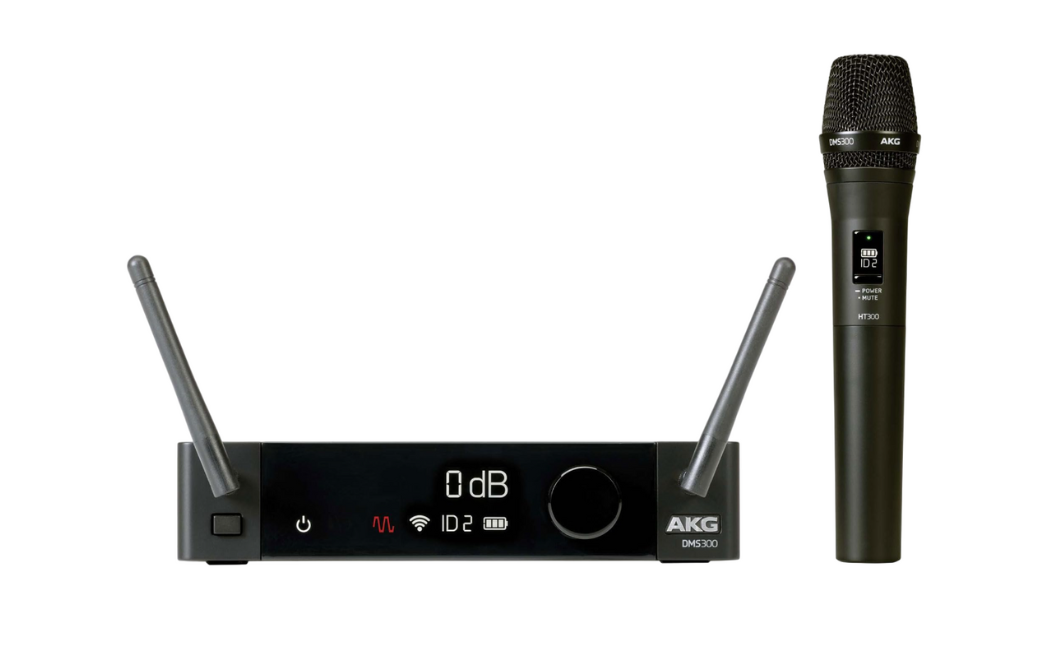 Front-facing shot of a matte black AKG DMS300 Microphone Set with Receiver & Handheld Mic