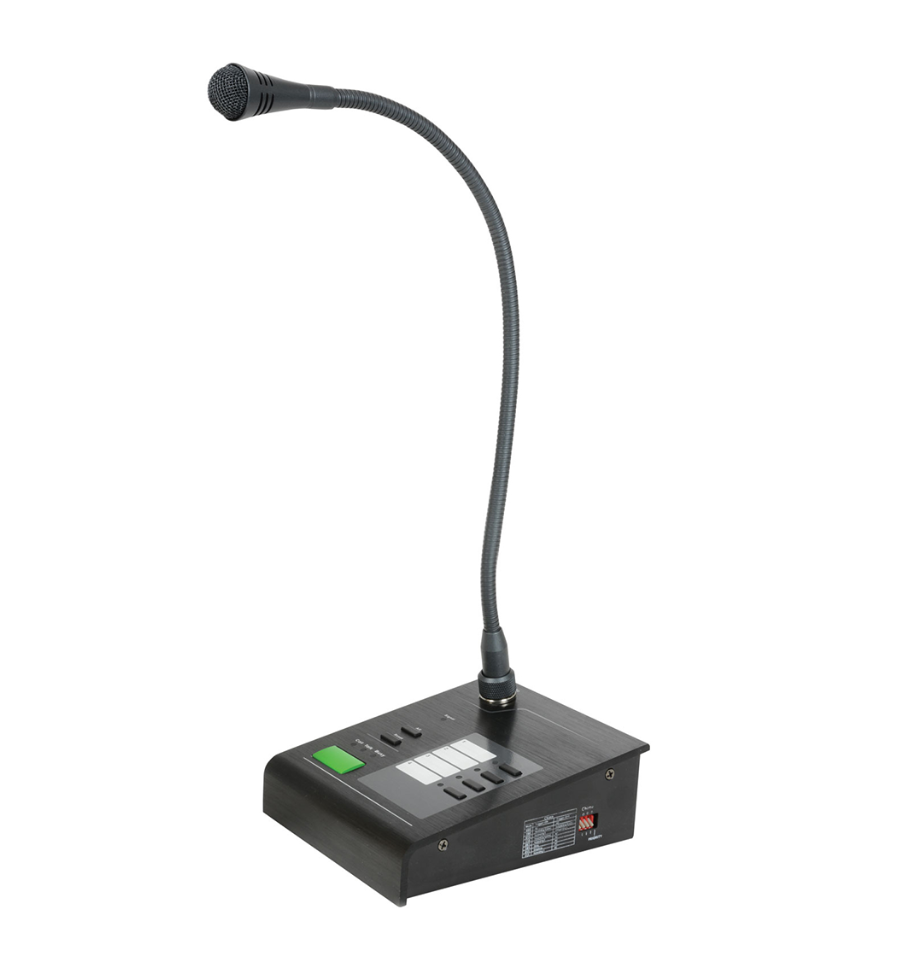 Front-facing shot of a black call station with an attached gooseneck microphone