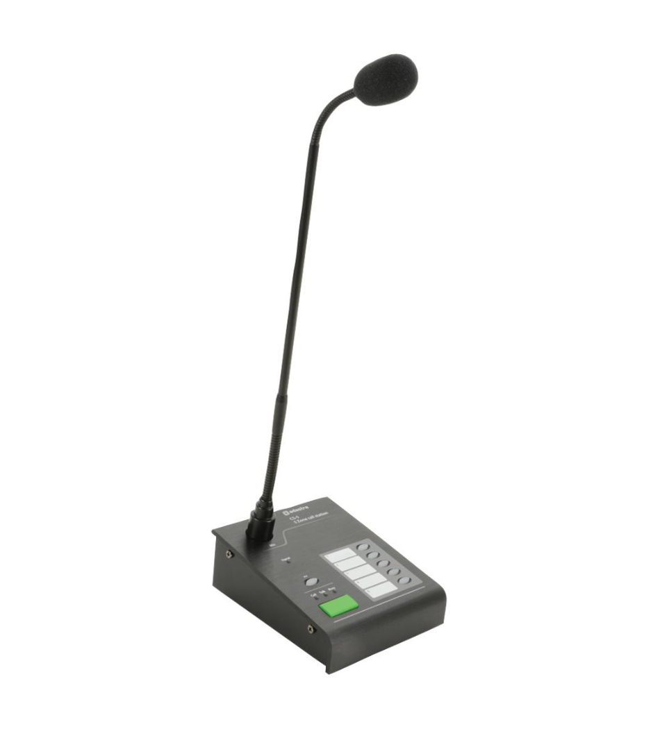 Front-facing shot of a matte grey call station with an attached gooseneck microphone