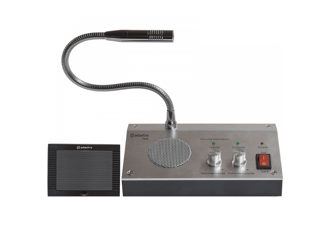Close-up shot of a matte grey talk-through glass intercom with an attached gooseneck microphone