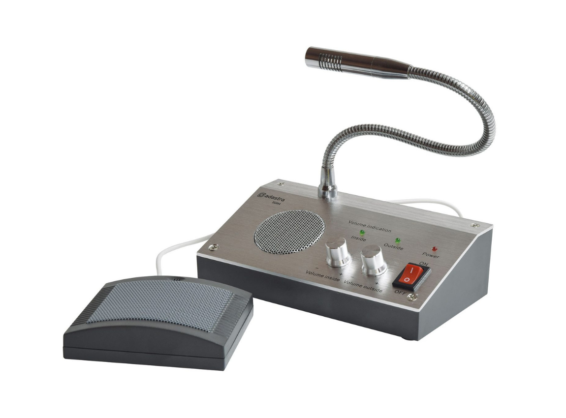 Close-up shot of a metallic grey 2-way contactless countertop intercom