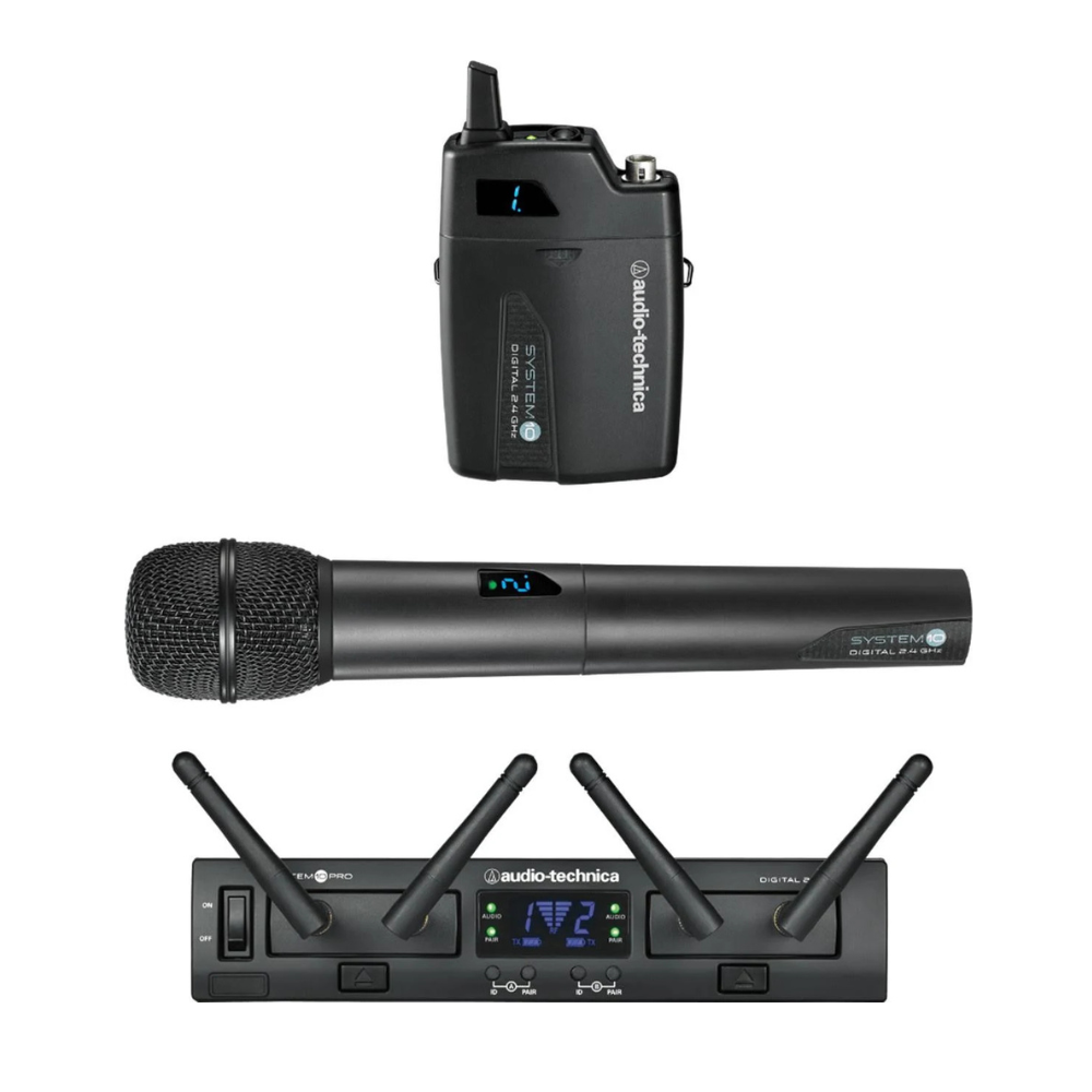 Close-up shot of an Audio Technica ATW-1312 System 10 Pro Dual Channel System with a Beltpack Transmitter & Handheld Mic
