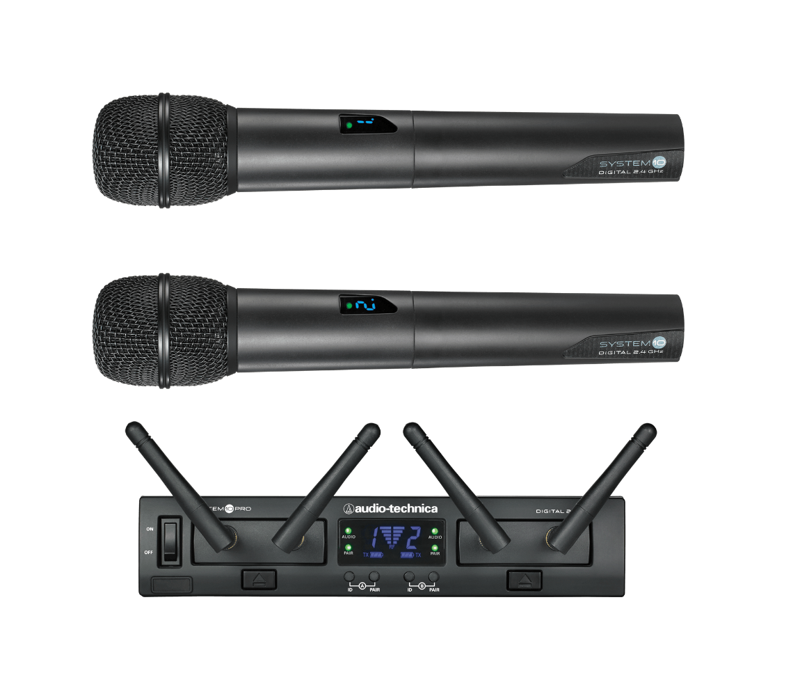 Close-up shot of an Audio Technica ATW-1322 System 10 Pro Dual Handheld System with Handheld Mic