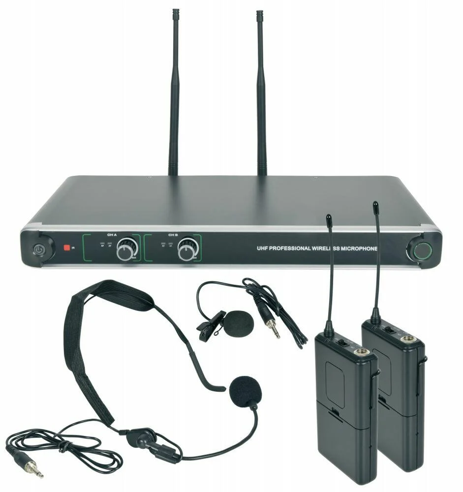 Front-facing shot of a Chord NU20-N Dual UHF Beltpack Wireless Microphone System Receiver, Neckband Headset, Mic, Tie-Clip Mic & Beltpack Transmitters