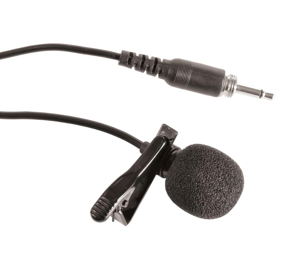 Front-facing shot of a Black Chord SLM-35 Replacement Lavalier Tie-Clip Microphone with connection attached
