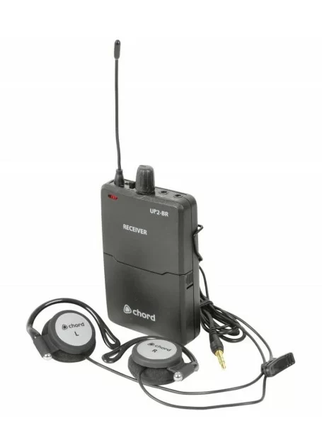 Overhead shot of a Chord UP2-BR UHF Wireless Beltpack Receiver & Earphones