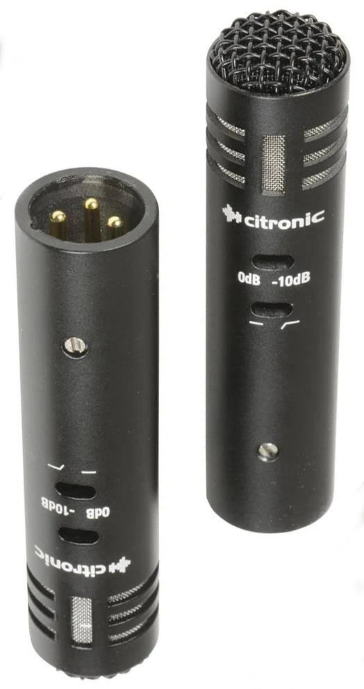 Front-facing shot of two Citronic ECM2 Condenser Microphones (Stereo Pair)