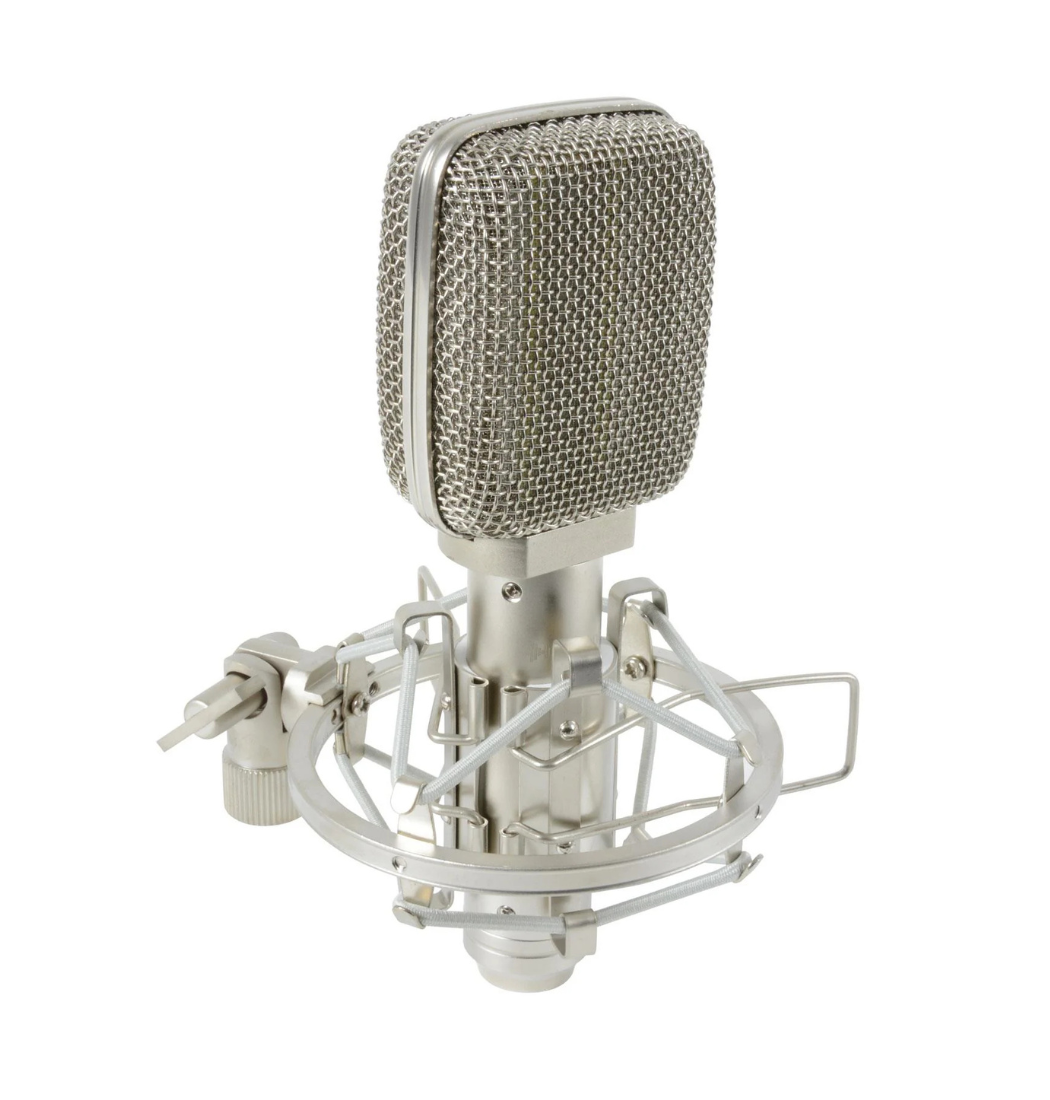 Front-facing shot of a ribbon microphone with fitted shock mount