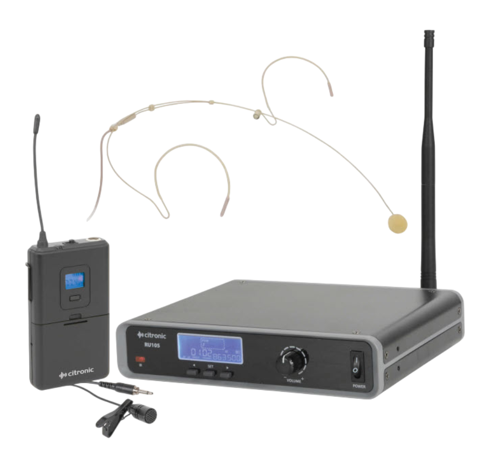 Angled shot of a Citronic RU105-N Wireless UHF Beltpack Single Microphone System with a Digital LED Display, Neckband Headset, Beltpack Transmitter & Lapel Mic