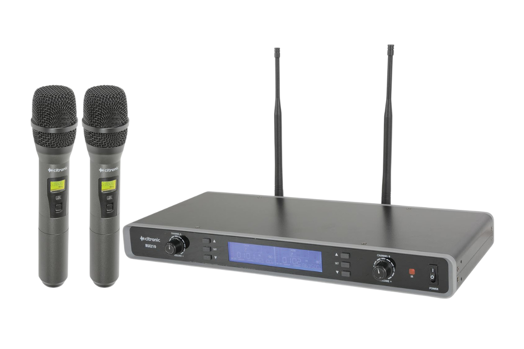 Angled shot of a Citronic RU210-H UHF Handheld Dual Microphone System Receiver with a Digital LED Display & Handheld Mics