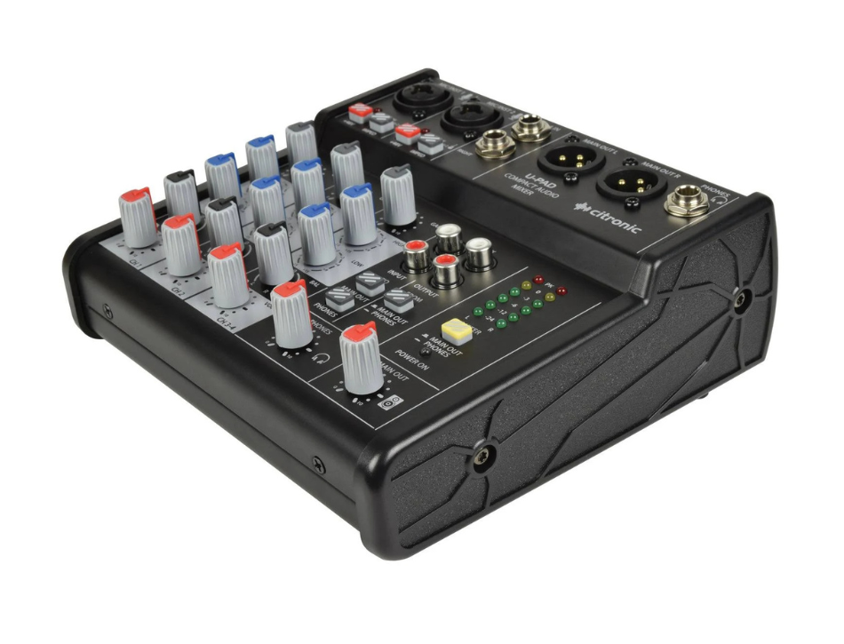 Angled shot of a Compact Mixer (USB Interface) with dials & inputs