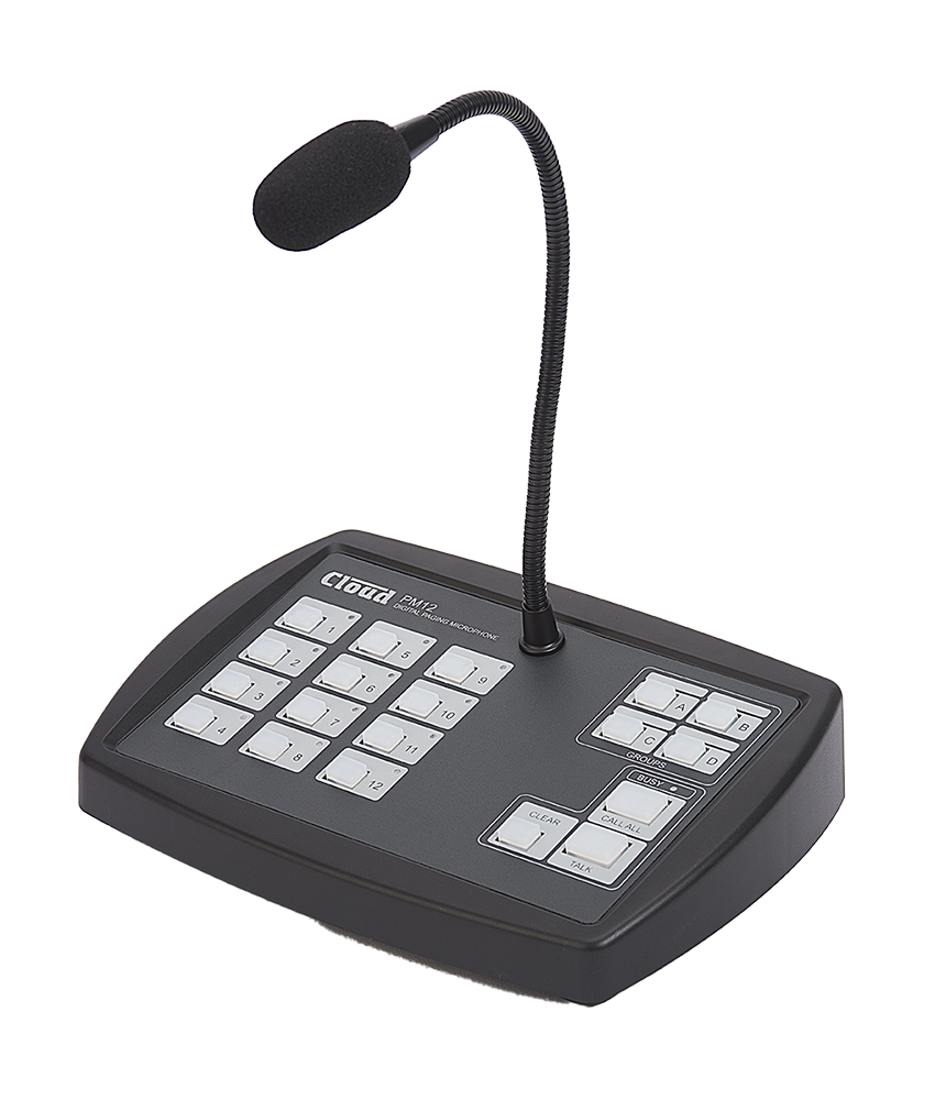 Angled shot of a Black & Dark Grey Paging Microphone with a Black Gooseneck positioned in the centre of the unit