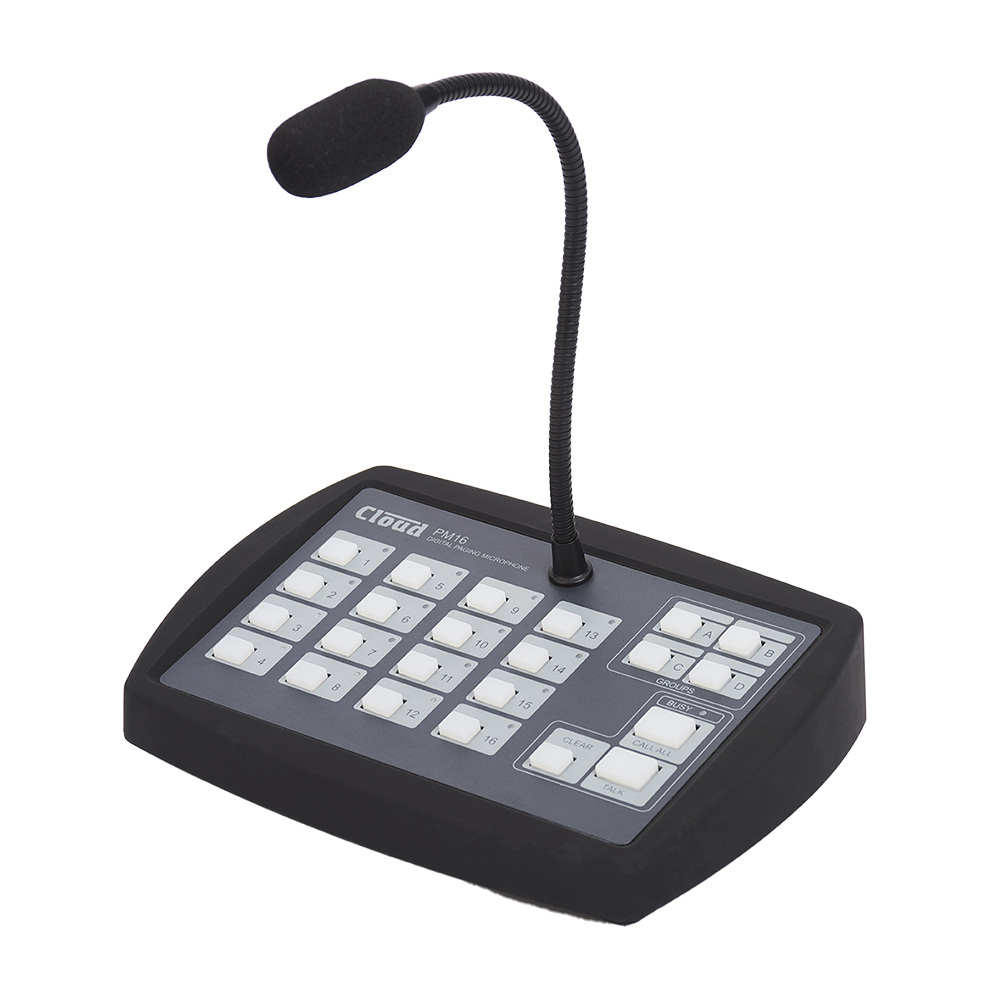 Angled shot of a Black & Dark Grey Paging Microphone with a Black Gooseneck positioned in the centre of the unit