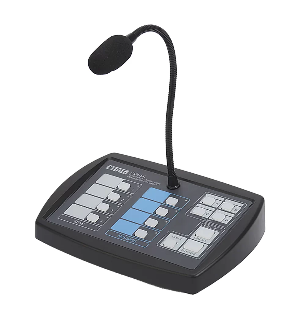 Angled shot of a Black & Blue-Grey Paging Microphone with a Black Gooseneck positioned in the centre of the unit