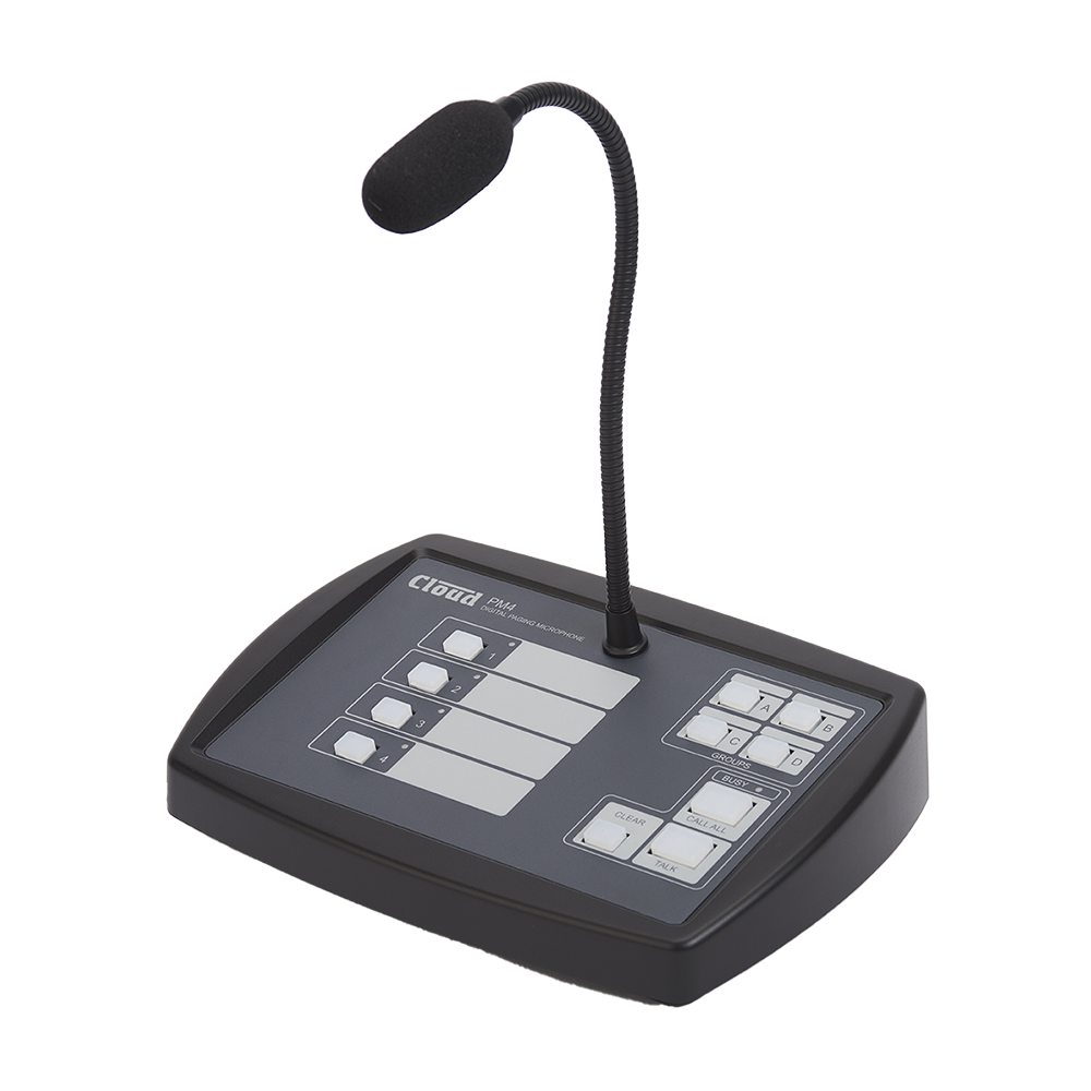 Angled shot of a Black & Dark Grey Paging Microphone with a Black Gooseneck positioned in the centre of the unit