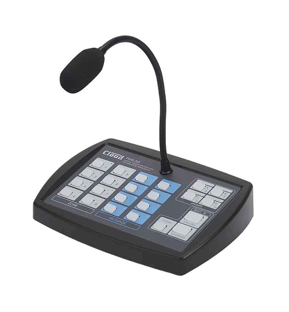 Angled shot of a Black & Blue-Grey Paging Microphone with a Black Gooseneck & Windshield positioned in the centre of the unit