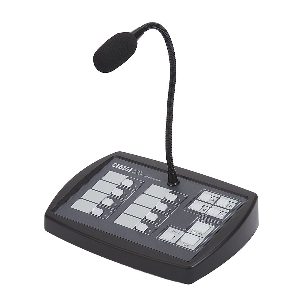 Angled shot of a Matte Grey Paging Microphone with a Black Gooseneck positioned in the centre of the unit