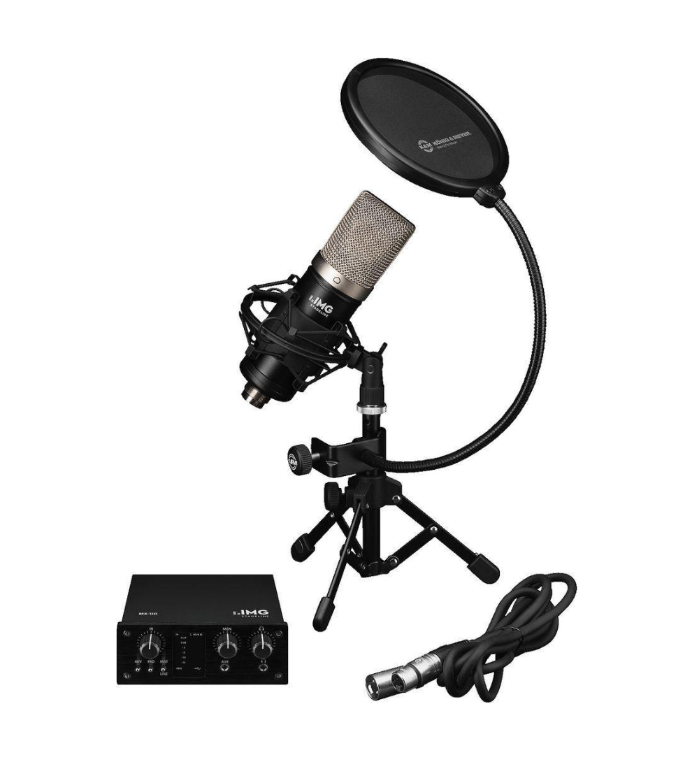 Front-facing shot of an IMG Stage Line Podcaster 1 Home Recording Kit laid out individually