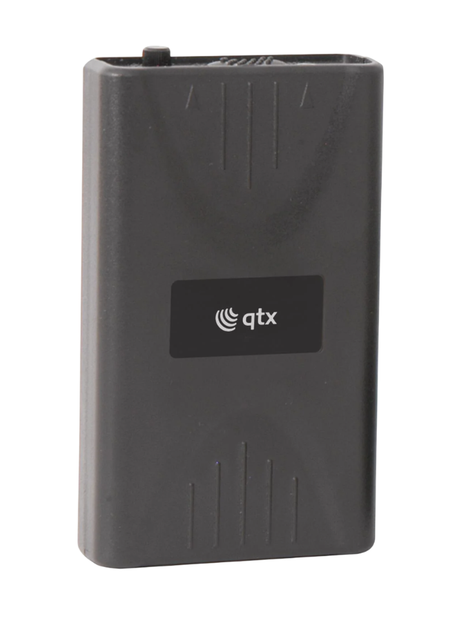 Close-up shot of a QTX BTX VHF Replacement Bodypack Transmitter with QTX branding displayed in bold white lettering