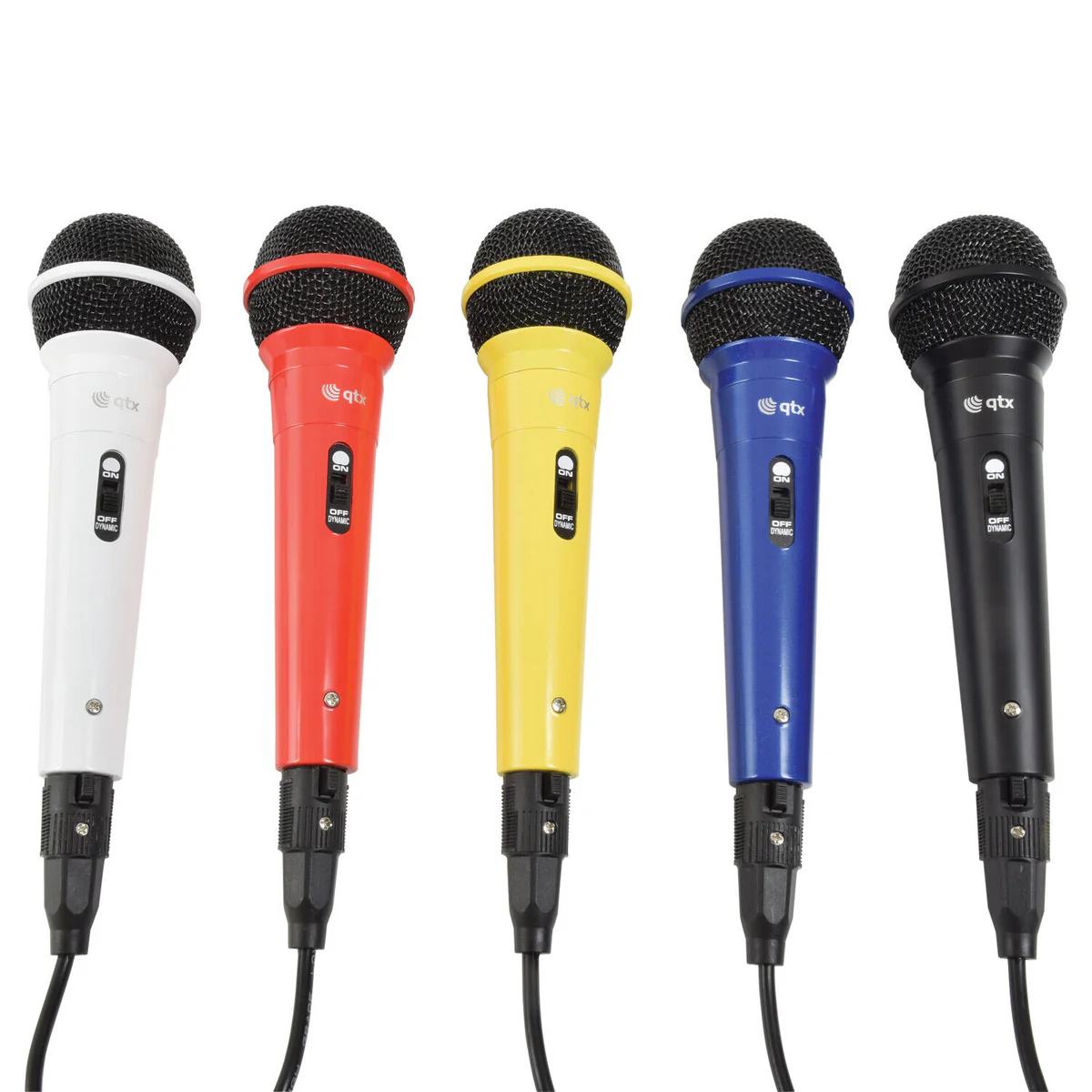 Front-facing shot of five colourful QTX DM5X Dynamic Microphones (Black, White, Orange, Yellow, Blue)