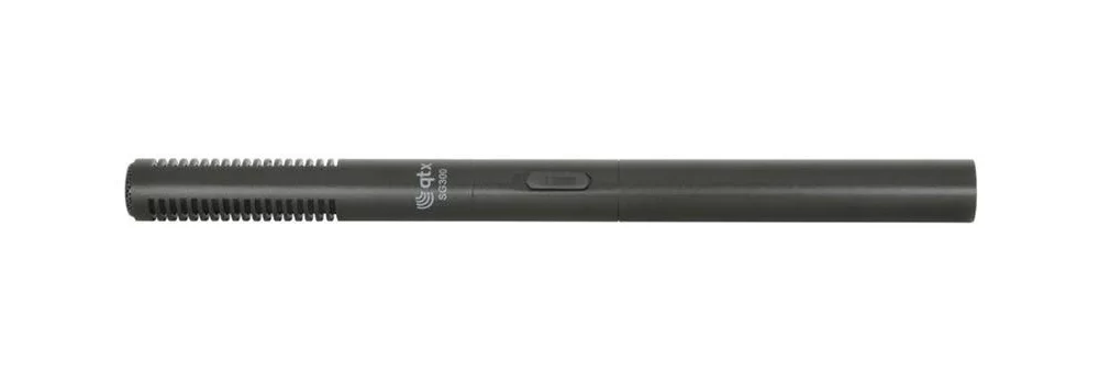 Side-facing shot of a matte black QTX SG300 Short Shotgun Microphone