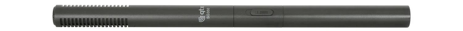 Side-facing shot of a matte black QTX SG350 Long Shotgun Microphone