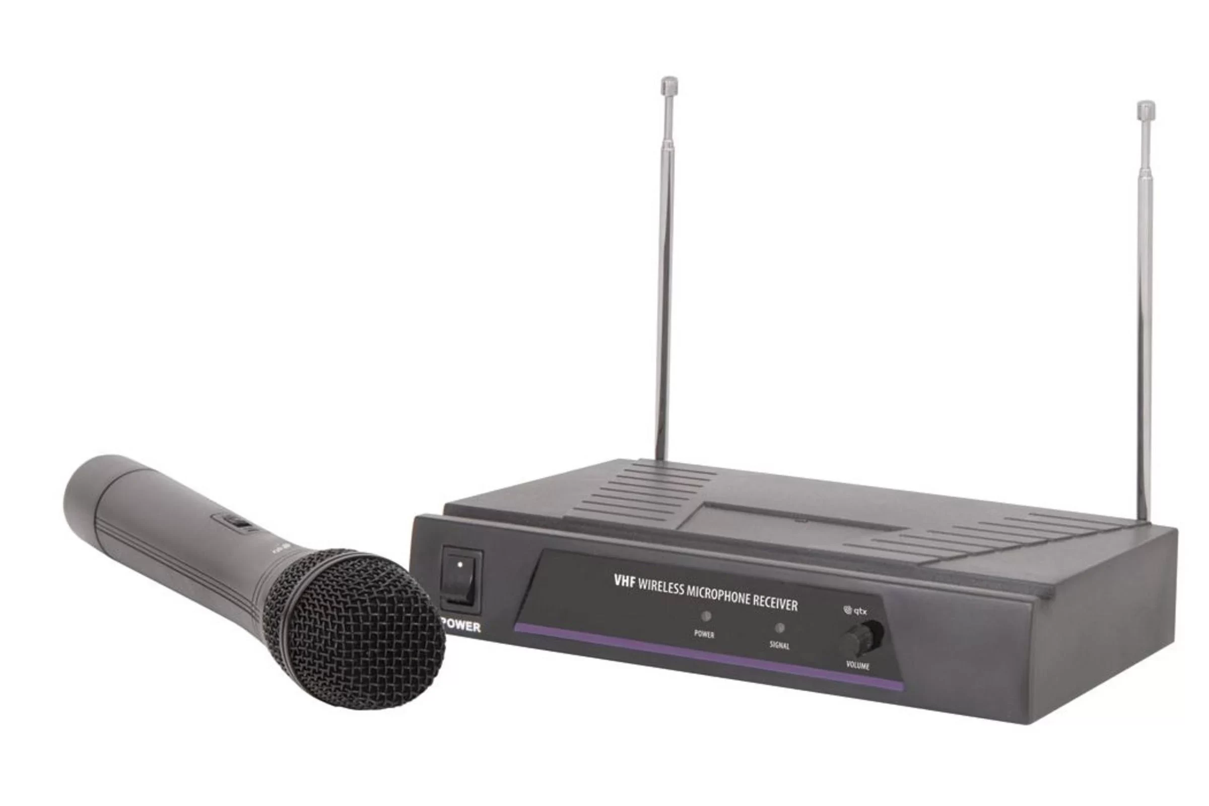 Angled shot of a QTX VH1 VHF Handheld Wireless Microphone System Receiver, Handheld Mic & 3.5mm Jack Lead