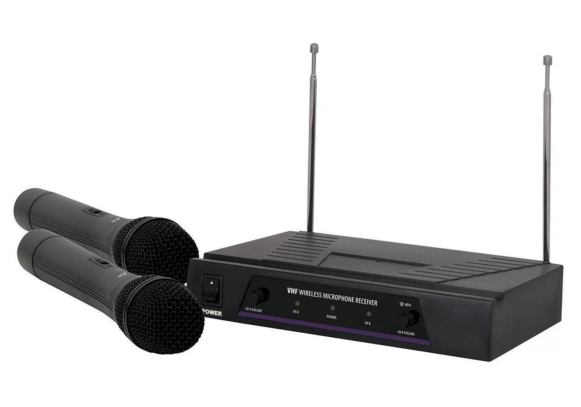 Angled shot of a QTX VH2 Dual VHF Handheld Wireless Microphone System Receiver & Handheld Mics