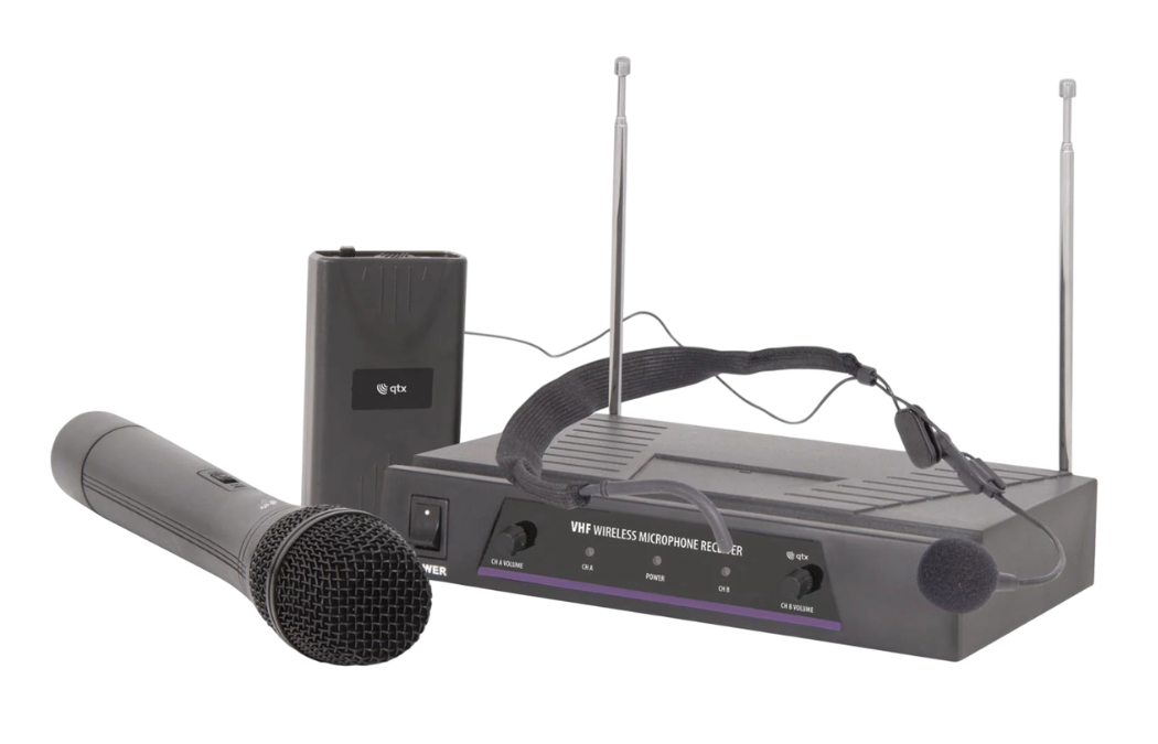 Angled shot of a QTX VHN2 Dual VHF Handheld & Neckband Wireless Microphone System Receiver, Beltpack Transmitters & Neckband Headsets