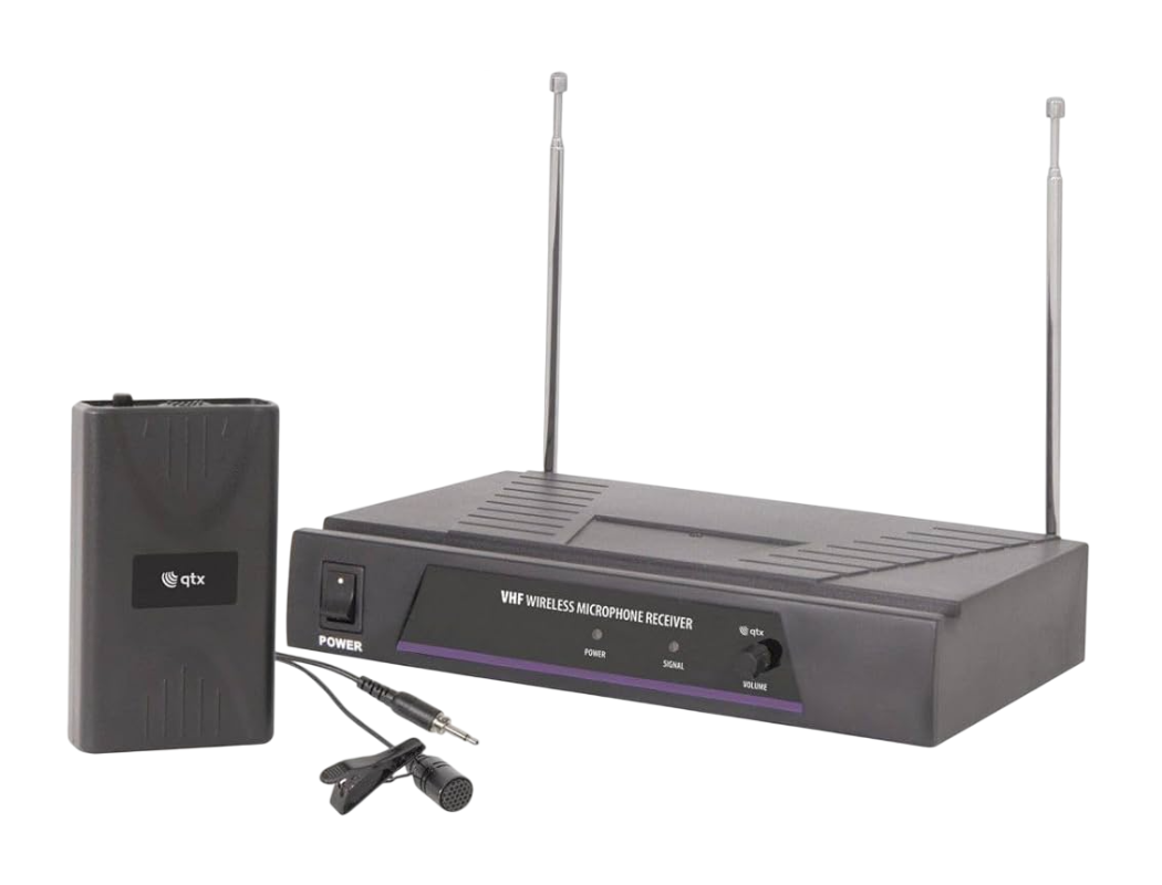 Angled shot of a QTX VL1 VHF Lavalier Microphone Wireless System Receiver, Beltpack Transmitter & Lapel Mic