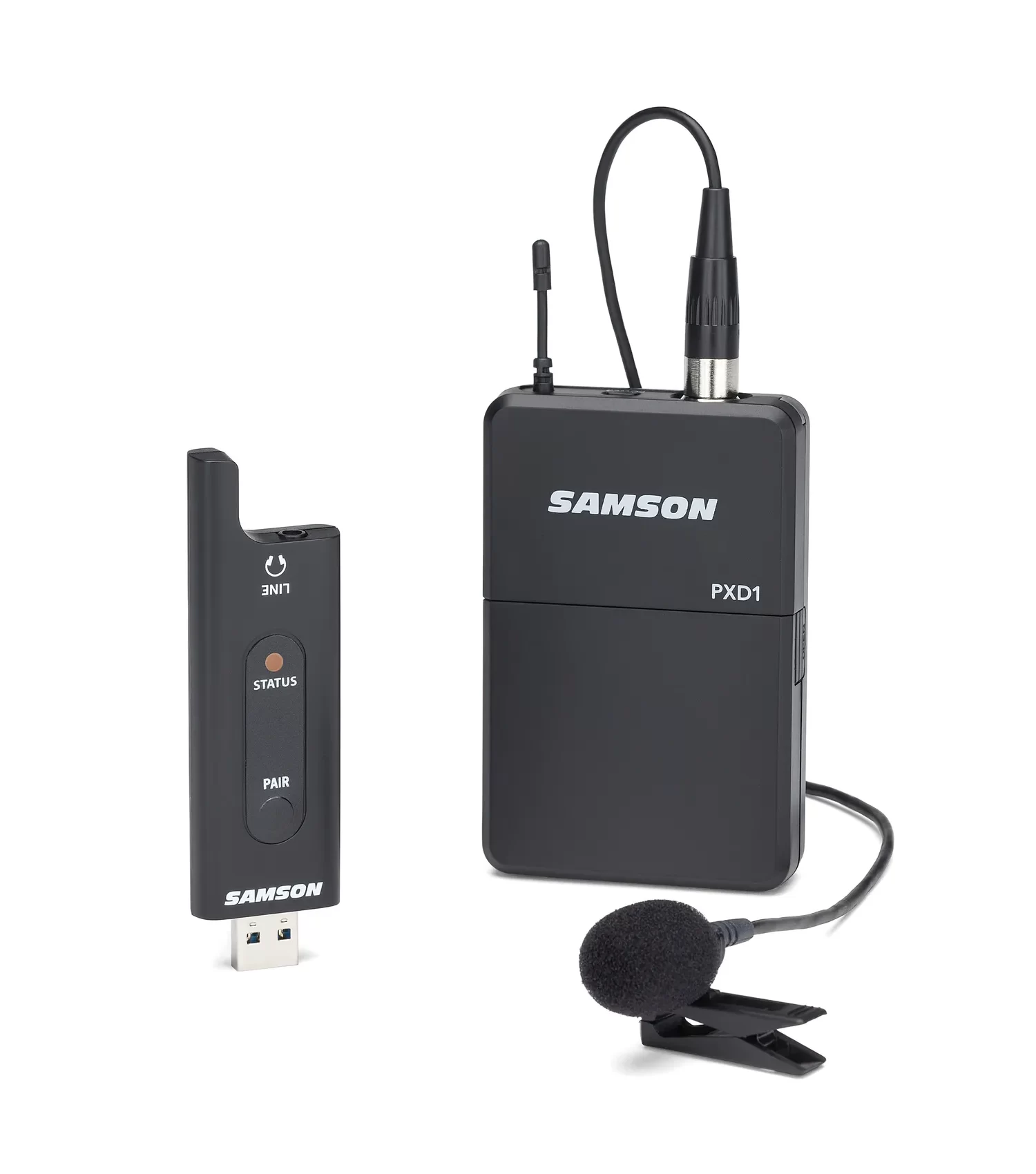 Angled shot of a Wireless USB Lavalier System laid out individually with a "Samson" Logo displayed in bold white lettering