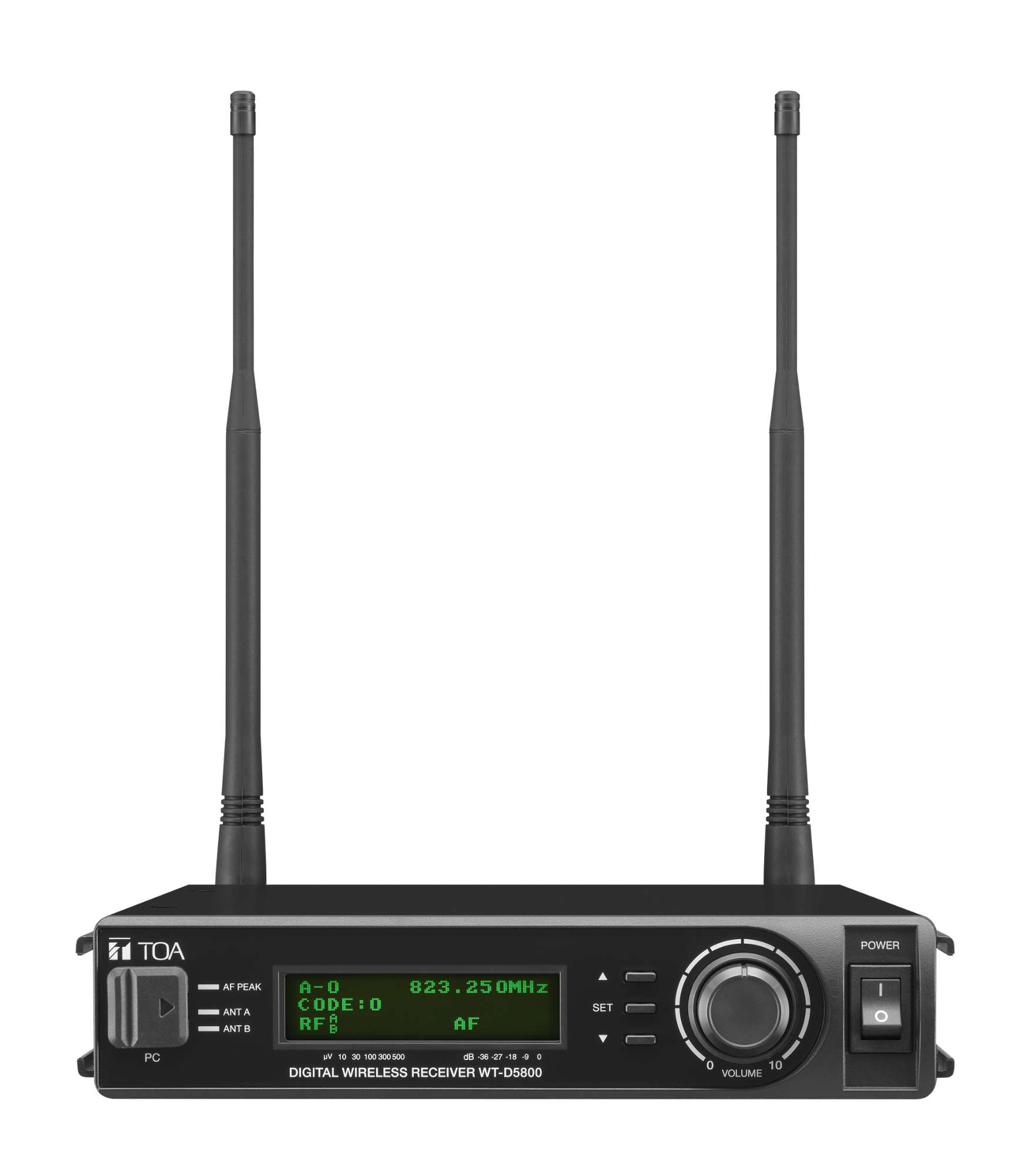 Front-facing shot of a TOA WT-D5800 UHF Digital Receiver with a Digital LED Display & attached antenna