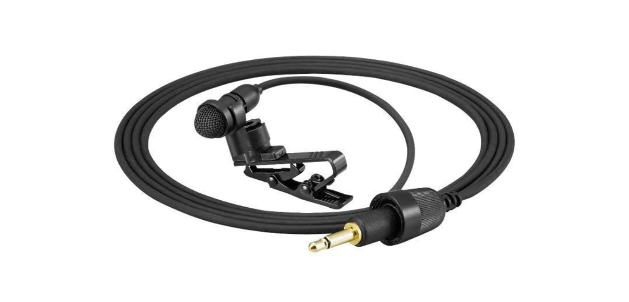 Close-up shot of a Lavalier Microphone with attached cable and clip