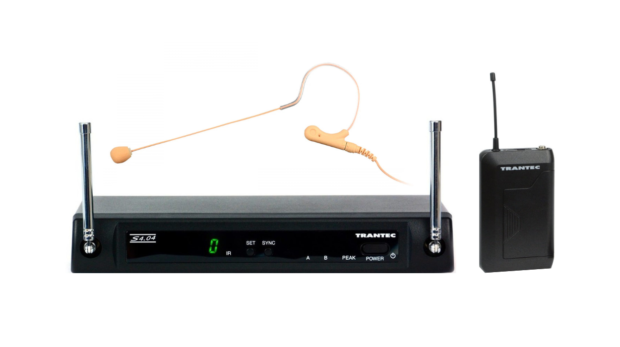 Front-facing shot of a Trantec S4.04E UHF 4 Frequency Earworn System laid out individually