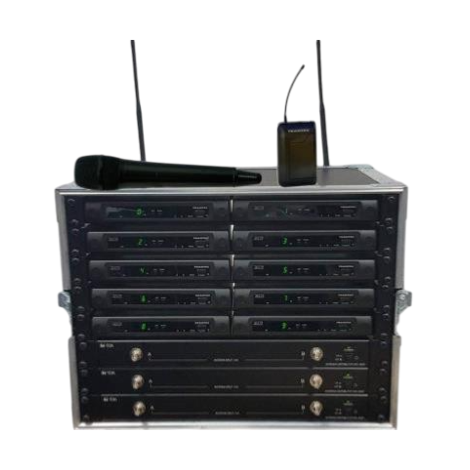 Front-facing shot of a Trantec S4.10 10-Channel Racked ‘n’ Ready System with a Beltpack Transmitter & Handheld Microphone