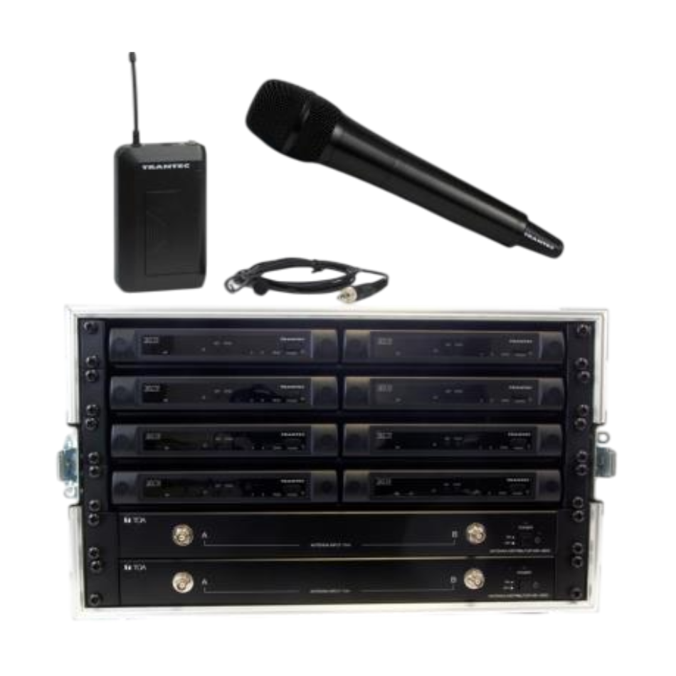 Front-facing shot of a Trantec S4.10 8-Channel Racked ‘n’ Ready System with a Beltpack Transmitter & Handheld Microphone