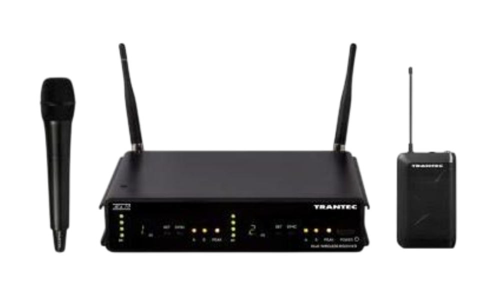 Front-facing shot of a Black UHF Dual Wireless Receiver with one Handheld Transmitter & one Lapel Transmitter