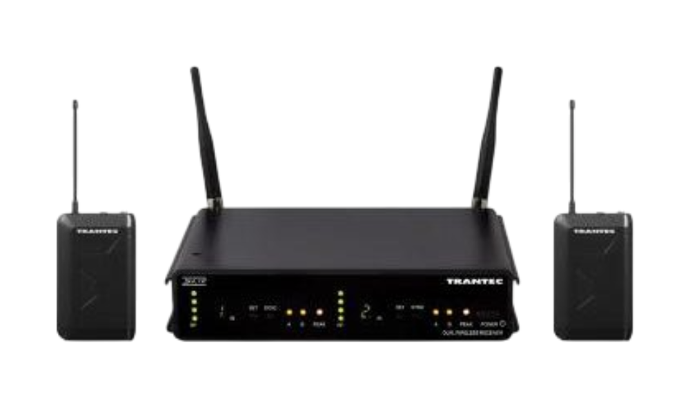 Front-facing shot of a Black UHF Dual Wireless Receiver with two Lapel Transmitter