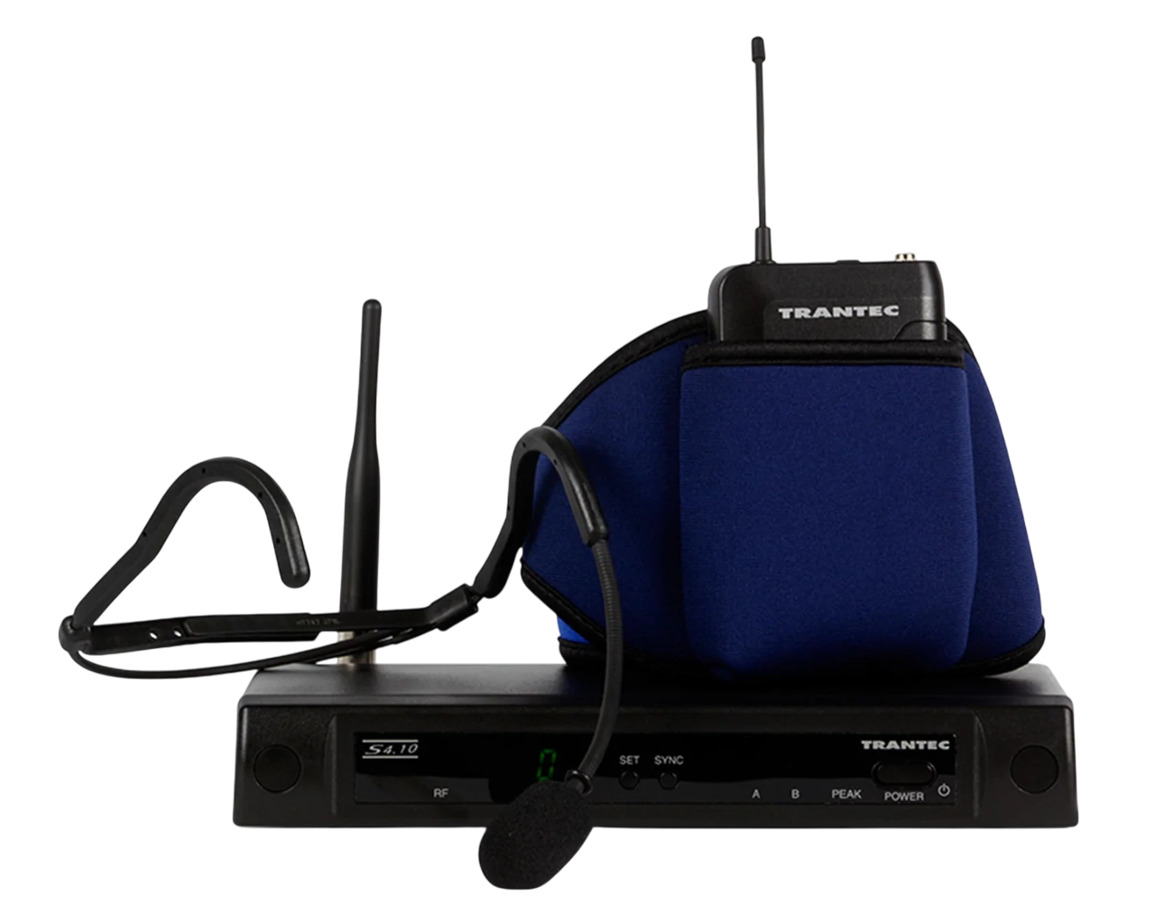 Front-facing shot of a Trantec S4.10W Aerobic Headset System with Belt laid out individually