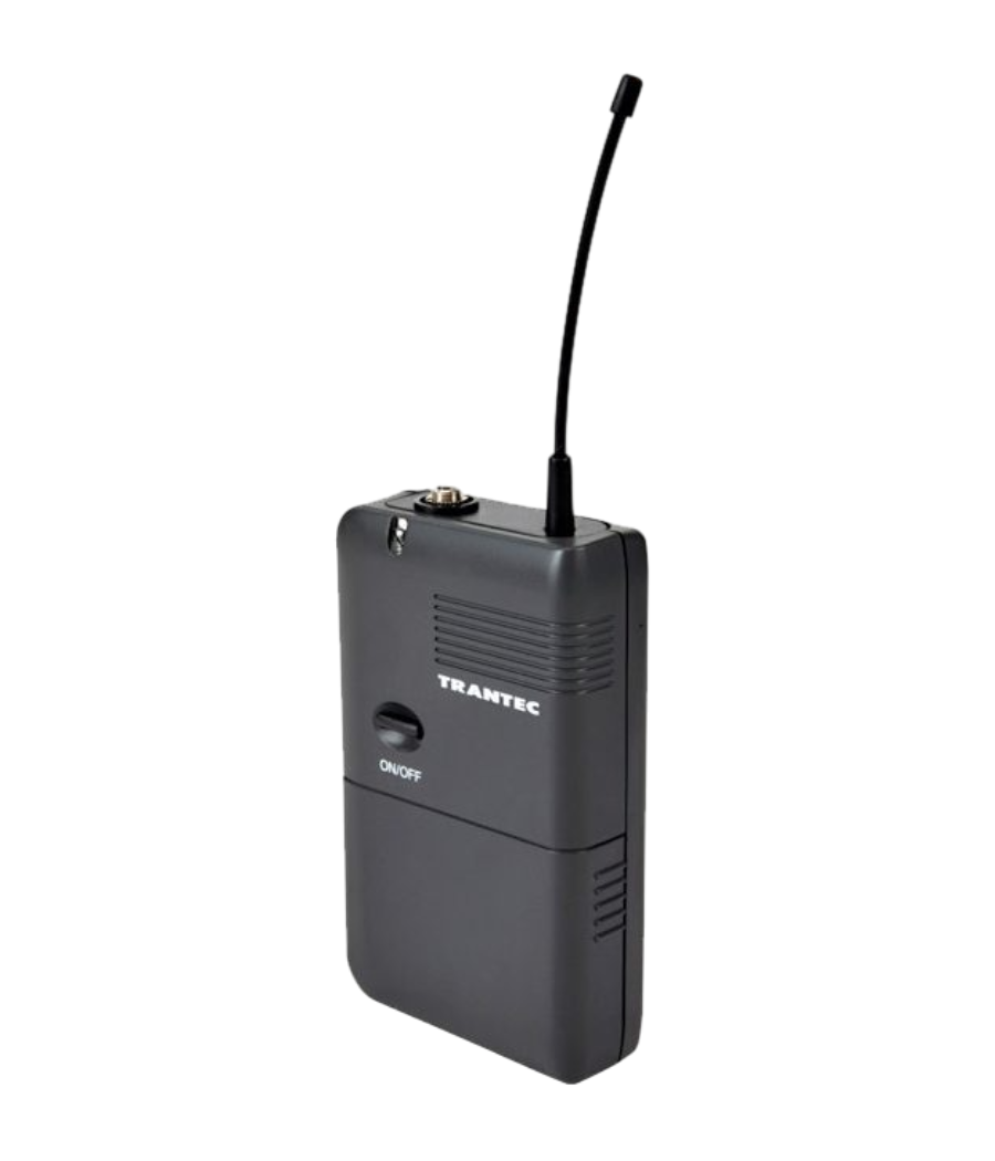 Close-up shot of a matte grey beltpack transmitter with attached antenna