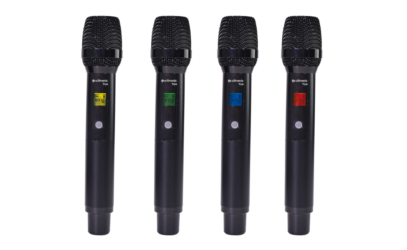 Citronic TU4 Gallery Close-up shot of four Handheld Transmitters for a Quad PPL Microphone System with varying Digital LED Displays (Yellow, Green, Blue, Red)