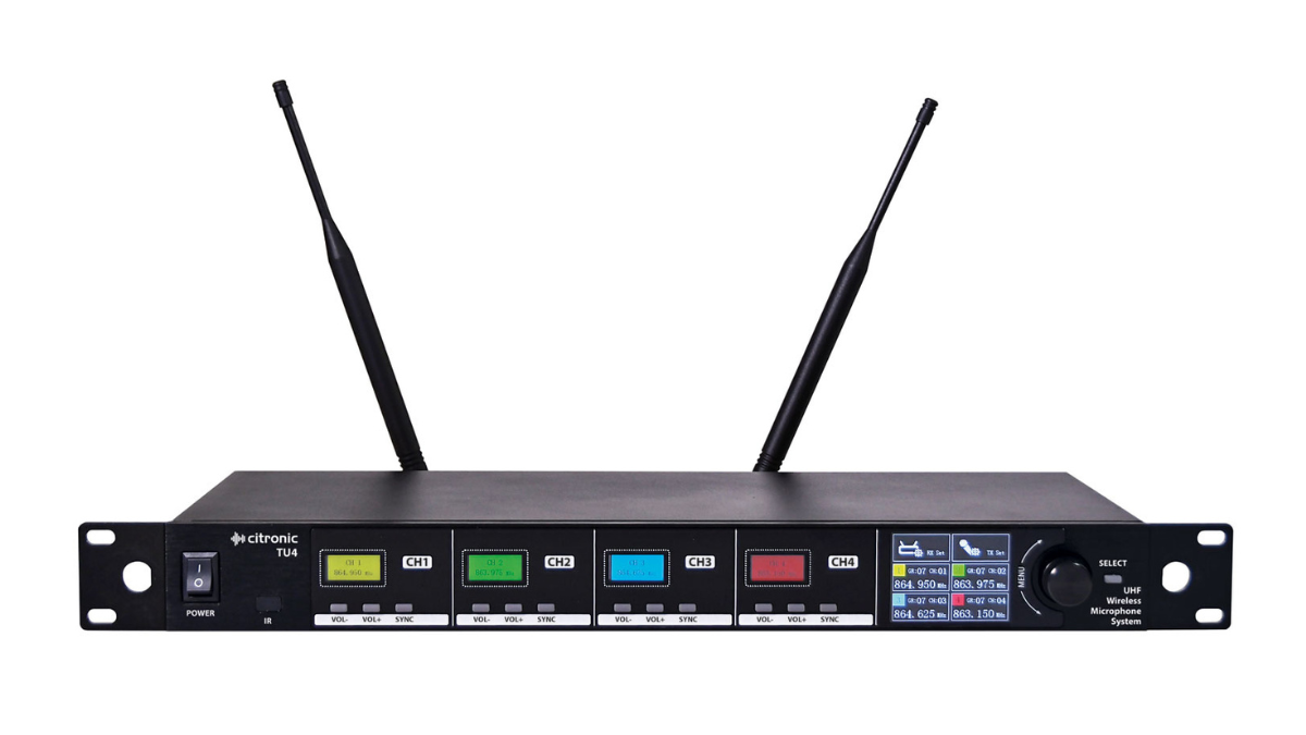 Close-up shot of a Quad PPL Microphone System Amplifier with varying Digital LED Displays (Yellow, Green, Blue, Red)