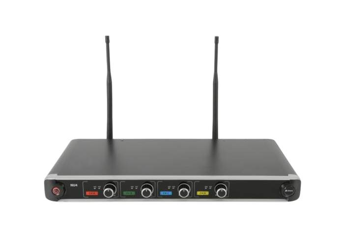 Chord NU4-H Quad Wireless Handheld Microphone System Gallery Overhead shot of a Chord NU4-H Quad Wireless Handheld Microphone System Receiver with colour-coded dials (Red, Green, Blue, Yellow)