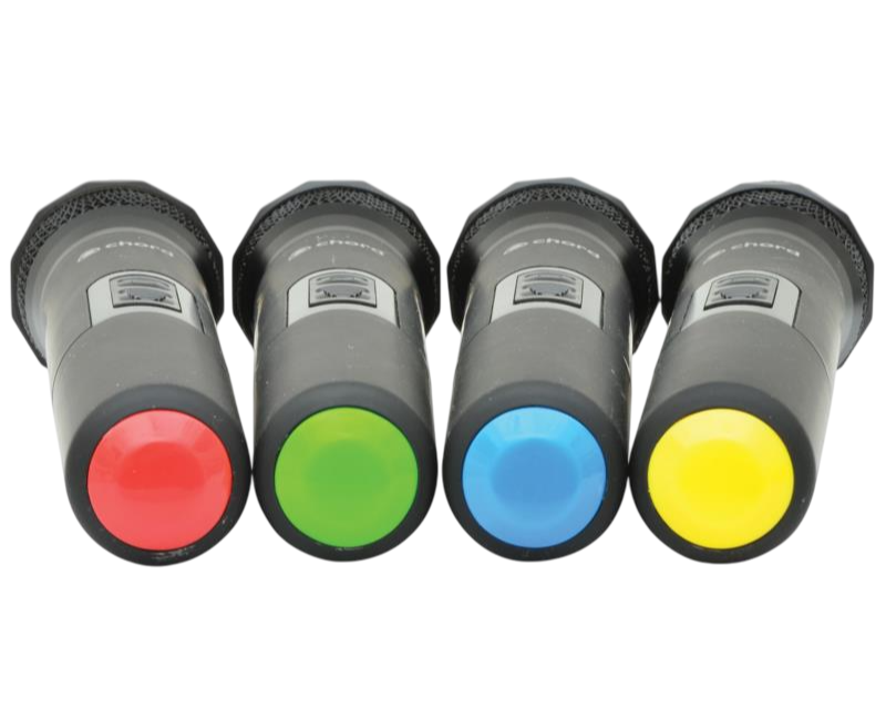 Chord NU4-H Quad Wireless Handheld Microphone System Gallery Close-up shot of four Chord NU4-H Quad Wireless Handheld Microphones with colour-coded bases (Red, Green, Blue, Yellow)
