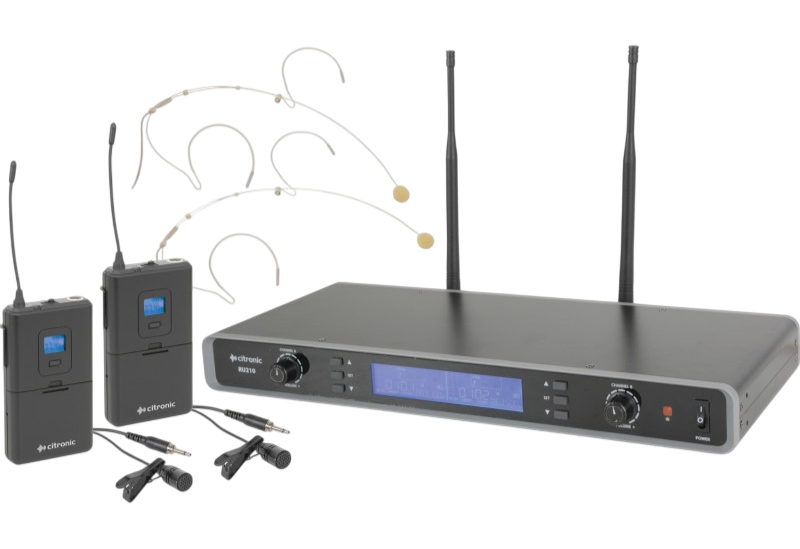 Close-up shot of a Citronic RU210-N Wireless UHF Beltpack Dual Microphone System Receiver, Beltpack Transmitters, Headset Mics & Lapel Mics