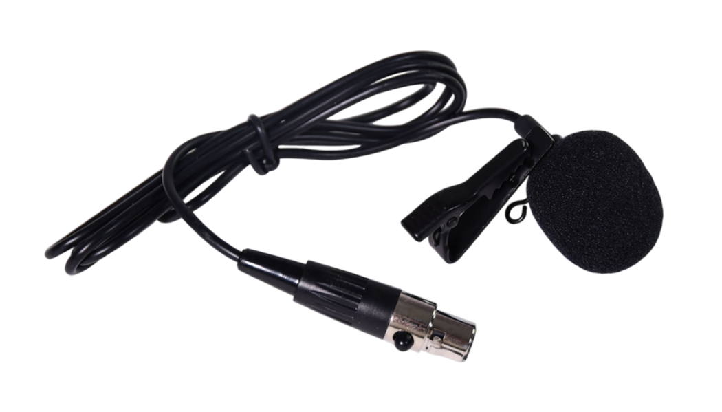 Overhead shot of a Black Lavalier Microphone (Mini XLR Connection) with attached cable