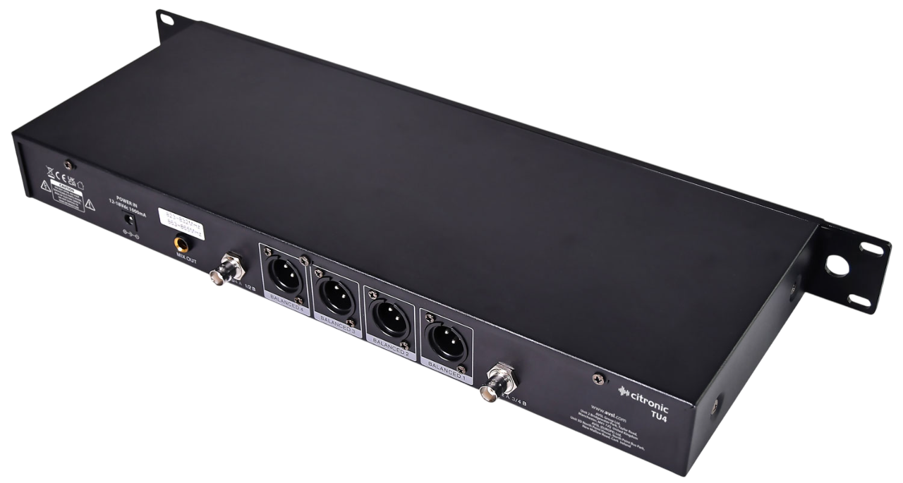 Citronic TU4 Gallery Rear-facing shot of a Quad PPL Microphone System Amplifier with Inputs & Connections shown on back