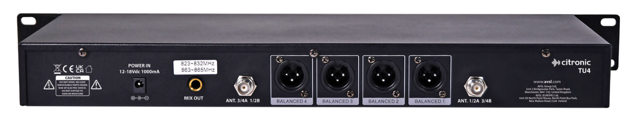 Citronic TU4 Gallery Rear-facing shot of a Quad PPL Microphone System (Amplifier) with Inputs & Connections shown on back