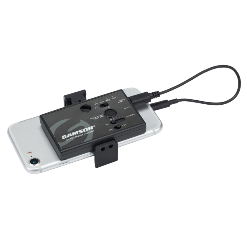 Samson Go Mic Mobile Dual Transmitter Wireless System Gallery Close-up shot of a Go Mic Mobile Dual Transmitter Wireless System attached to the back of a mobile phone via cable