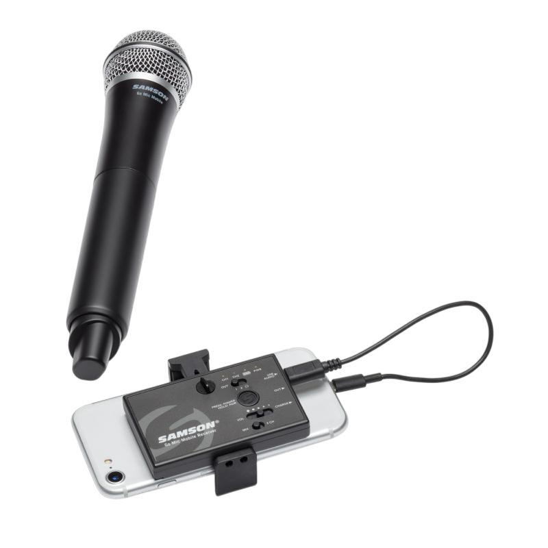 Samson Go Mic Mobile Dual Transmitter Wireless System Gallery Close-up shot of a Go Mic Mobile Dual Transmitter Wireless System laid out individually